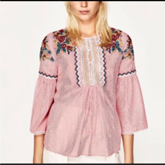 ZARA Striped Embroidered Bell Sleeve Blouse Crochet Detail Women’s Size Medium - Picture 2 of 9
